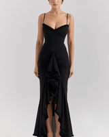 Maxi Abendkleid Langarm Rüschen in Schwarz