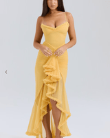 Maxi Abendkleid Langarm Rüschen in Gelb