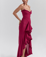 Maxi Abendkleid Langarm Rüschen in Rot