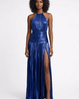 Maxi Abendkleid mit Schlitz und Halterneck in Blau