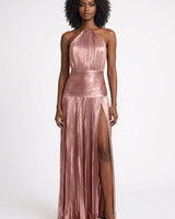Maxi Abendkleid mit Schlitz und Halterneck in Rosa