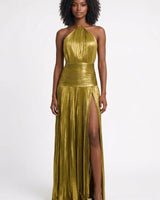 Maxi Abendkleid mit Schlitz und Halterneck in Gold