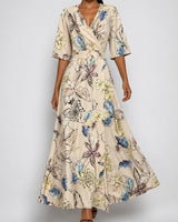 Katharina | Maxi Wickelkleid Satin Blumenmuster V-Ausschnitt Tailliert in Beige