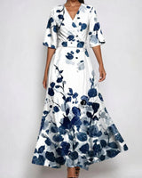 Katharina | Maxi Wickelkleid Satin Blumenmuster V-Ausschnitt Tailliert in White