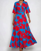Katharina | Maxi Wickelkleid Satin Blumenmuster V-Ausschnitt Tailliert in Red