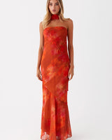 Maxikleid Blumendruck Sommer in Rot
