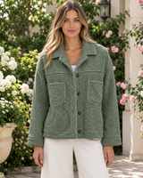 Meike | Damen Teddy Winterjacke mit Kragen, Knöpfen und Taschen in Grün