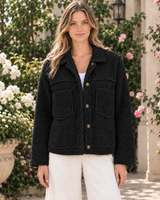 Meike | Damen Teddy Winterjacke mit Kragen, Knöpfen und Taschen in Schwarz