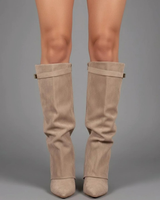 Melinda | Damen Overknee Stiefel Mit Schnalle Und Spitze in Beiges
