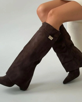 Melinda | Damen Overknee Stiefel Mit Schnalle Und Spitze in Braun