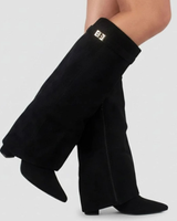 Melinda | Damen Overknee Stiefel Mit Schnalle Und Spitze in Tiefschwarz