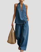 Meret | Damen Neckholder Zweiteiler Set Weite Hose in DunkelBlau