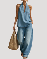 Meret | Damen Neckholder Zweiteiler Set Weite Hose in Hellblau