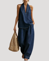Meret | Damen Neckholder Zweiteiler Set Weite Hose in Navy