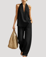 Meret | Damen Neckholder Zweiteiler Set Weite Hose in Schwarz