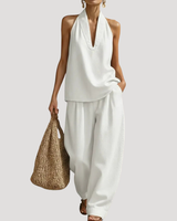Meret | Damen Neckholder Zweiteiler Set Weite Hose in Weiß
