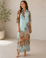 Mirella | Damen Blaues Maxikleid Langarm mit Paisley Print und Hemd Stil in Hellblau