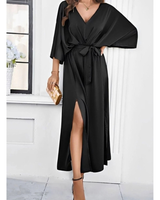 Mirella | Damen Maxikleid mit V Ausschnitt und Gürtel in Schwarz