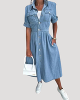 Nadja | Damen Kurzarm Jeanskleid Midi Hemdblusenkleid in Hellblau