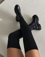 Nathalie | Damen Orthopädische Overknee Stiefel Mit Stretch Design Und Plateau Sohle in Schwarz