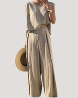 Nerida | Damen Zweiteiler Ärmelloses Top Weite Hose in Beige