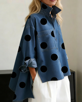 Nicolette | Damen Polka Dot Stehkragen Langarm Bluse in Blau