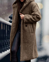 Nola | Damen Kunstpelzmantel mit Kapuze und Offener Front in Khaki