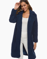 Nola | Damen Kunstpelzmantel mit Kapuze und Offener Front in Marineblau