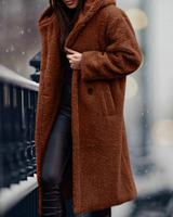 Nola | Damen Kunstpelzmantel mit Kapuze und Offener Front in Rotbraun