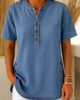 Nora | Damen Kurzarm Jeansbluse mit Knopfleiste in Blau
