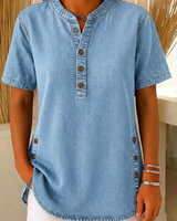 Nora | Damen Kurzarm Jeansbluse mit Knopfleiste in Hellblau