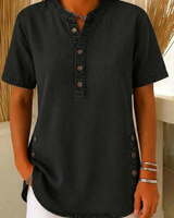 Nora | Damen Kurzarm Jeansbluse mit Knopfleiste in Schwarz