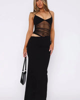Nourhi | Damen Maxikleid Fließend Elegant Sommer Leicht in Schwarz