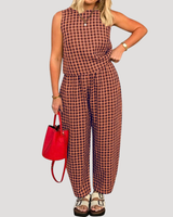 Odile | Damen Karo Zweiteiler Ärmellos Weite Hose in Orange