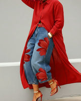 Rhona - Set aus Hemd mit Knopfleiste und bedruckter Jeans in Rot