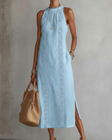 Devindi - Midi Kleid Aus Leinen Mit Stehkragen in Blau