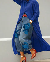 Rhona - Set aus Hemd mit Knopfleiste und bedruckter Jeans in Blau