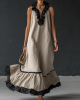 Natja - Rüschenkragen Leinen Maxikleid in Beige