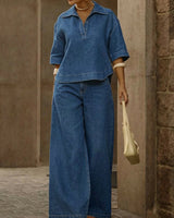 Schickes Damen-Jeans-Oberteil und weite Hose Zweiteiliges Set in Blau
