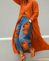 Daniella | Leinenkleid & Blumenmuster-Denim-Set in Orange