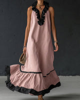 Natja - Rüschenkragen Leinen Maxikleid in Rosa