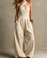 Karissa - Fließender Jumpsuit mit weitem Bein in Beige