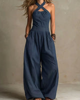 Karissa - Fließender Jumpsuit mit weitem Bein in Marineblau