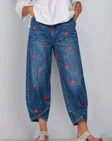 Damen Freizeit Denim Baumwollhose mit Herzdruck in Blau