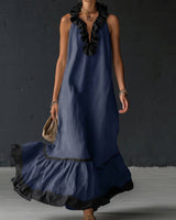 Natja - Rüschenkragen Leinen Maxikleid in Marineblau