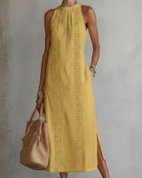 Devindi - Midi Kleid Aus Leinen Mit Stehkragen in Gelb