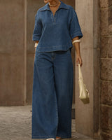 Schickes Damen-Jeans-Oberteil und weite Hose Zweiteiliges Set in Marineblau