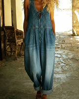 Entspannt geschnittene, gefaltete Denim-Jumpsuit mit Kordelzug in Denim-Blau