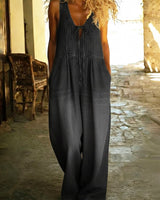 Entspannt geschnittene, gefaltete Denim-Jumpsuit mit Kordelzug in Schwarz