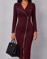 Shaniz - Lässiges Figurbetontes Langarm Kleid in Burgund